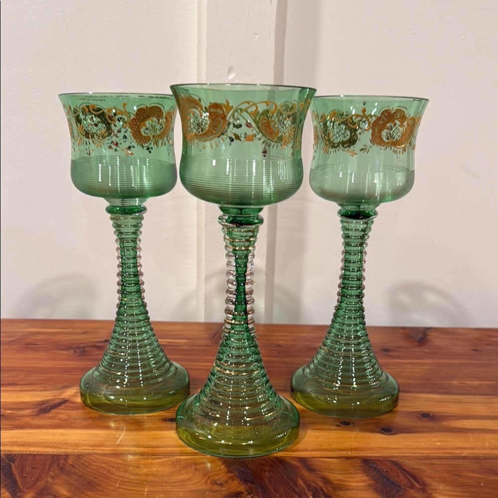 Vintage Bohemian Green Art Glass Gold Detailing Goblets Set of 3